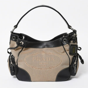 Very good condition PRADA handbag one shoulder bag logo made in Italy jacquard leather black beige silver hardware used 4a008271