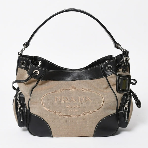 Very good condition PRADA handbag one shoulder bag logo made in Italy jacquard leather black beige silver hardware used 4a008271