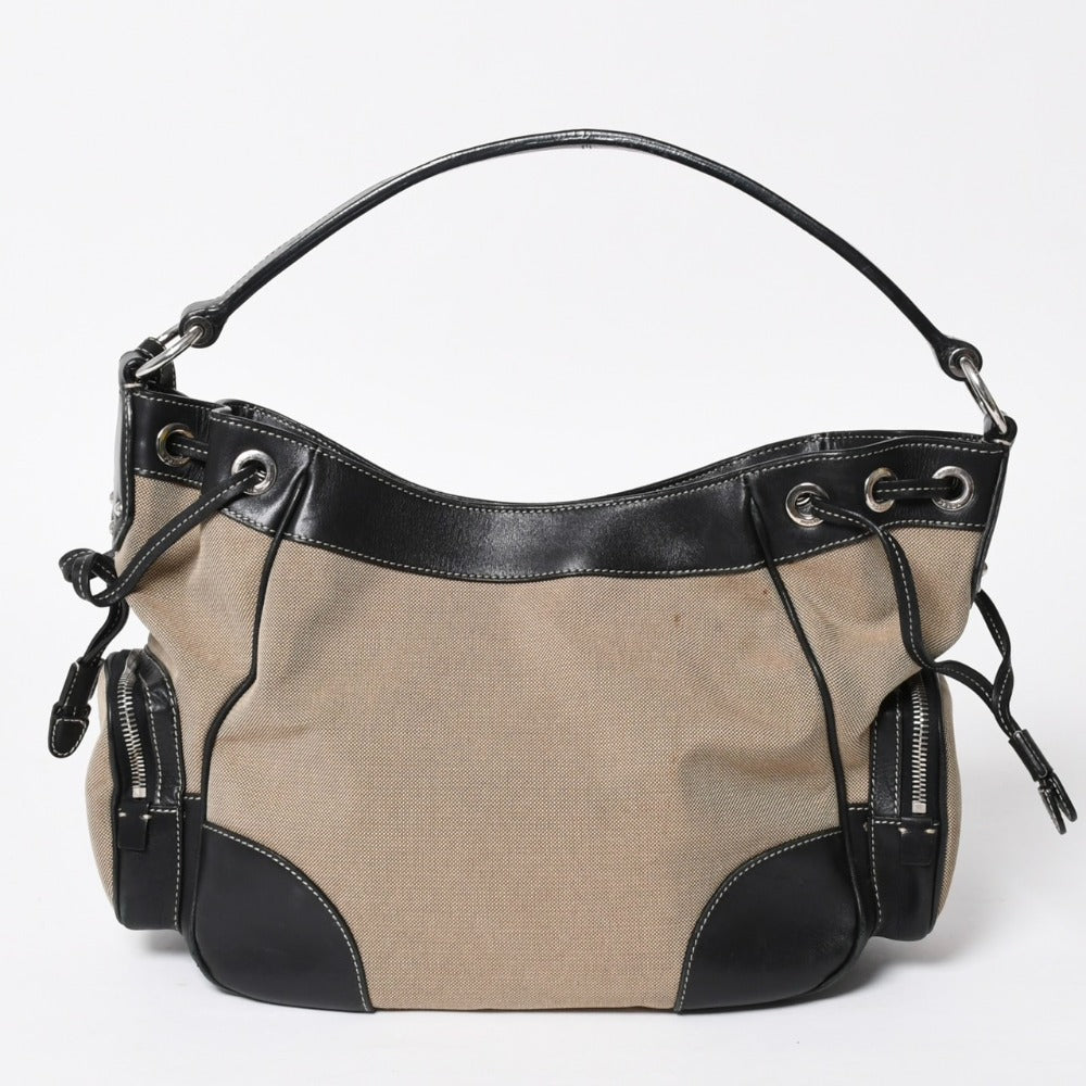 Very good condition PRADA handbag one shoulder bag logo made in Italy jacquard leather black beige silver hardware used 4a008271