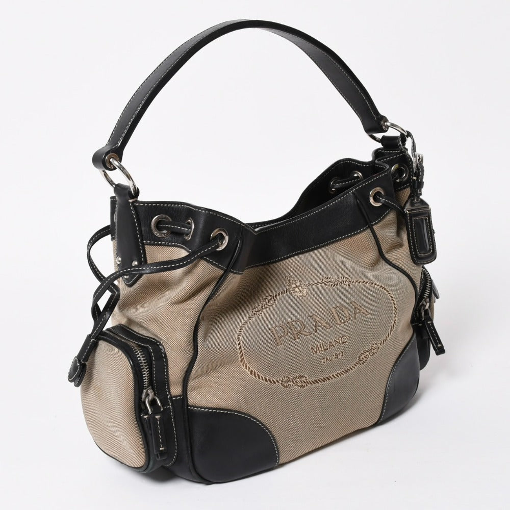 Very good condition PRADA handbag one shoulder bag logo made in Italy jacquard leather black beige silver hardware used 4a008271