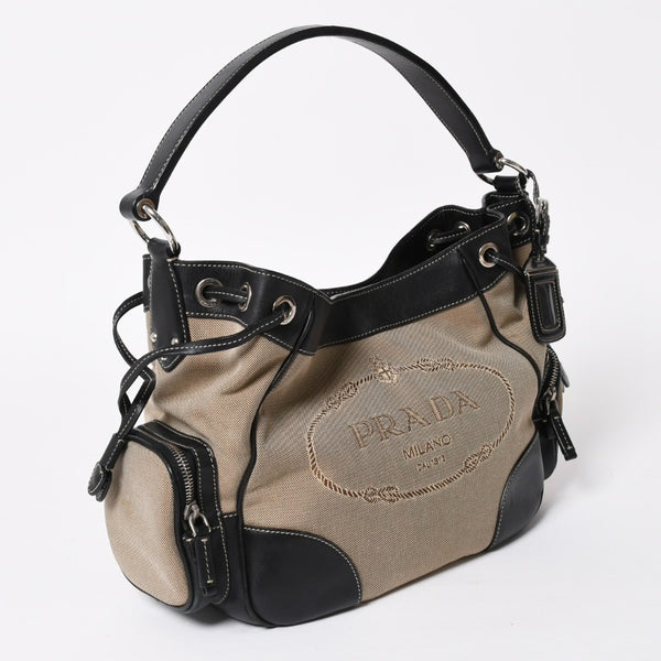 Very good condition PRADA handbag one shoulder bag logo made in Italy jacquard leather black beige silver hardware used 4a008271