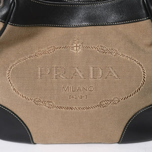 Very good condition PRADA handbag one shoulder bag logo made in Italy jacquard leather black beige silver hardware used 4a008271