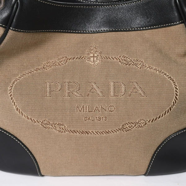 Very good condition PRADA handbag one shoulder bag logo made in Italy jacquard leather black beige silver hardware used 4a008271