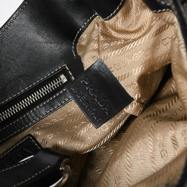 Very good condition PRADA handbag one shoulder bag logo made in Italy jacquard leather black beige silver hardware used 4a008271