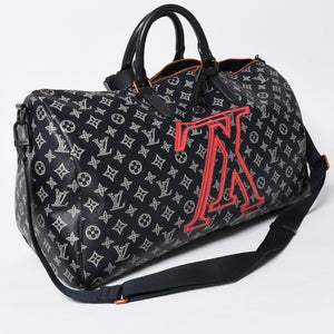 Very Good Condition LOUIS VUITTON Boston Bag Keepall 50 Bandouliere Monogram Ink Upside Down M43684 4a008290