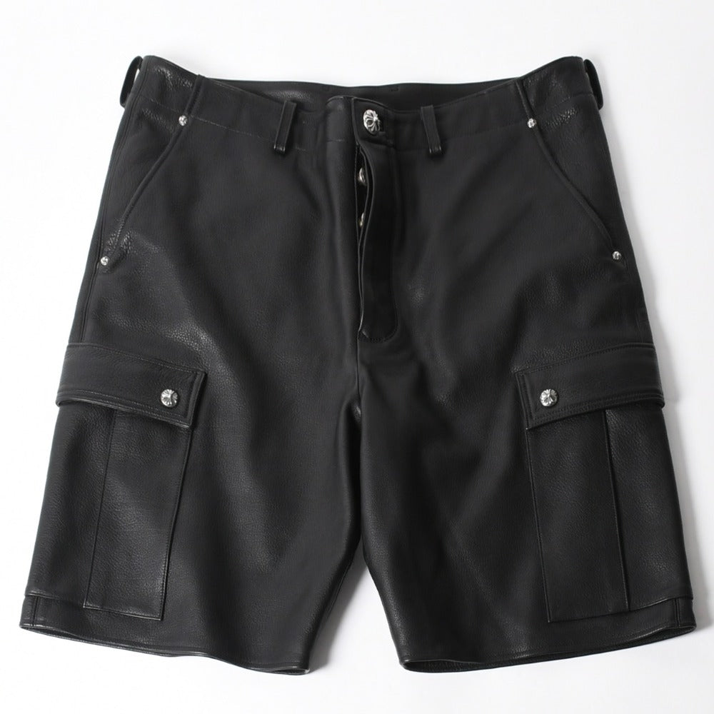 新品未使用 CHROME HEARTS クロムハーツ DEVIL DOG レザーパンツ サイズ36 クロスボールボタン スクロールラベル ブラック シルバー925 中古 4a008360