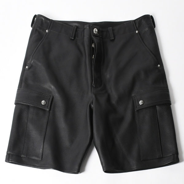 新品未使用 CHROME HEARTS クロムハーツ DEVIL DOG レザーパンツ サイズ36 クロスボールボタン スクロールラベル ブラック シルバー925 中古 4a008360