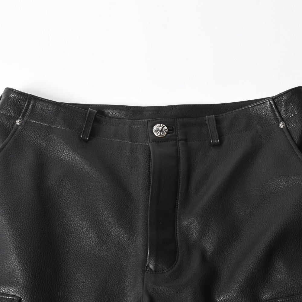 新品未使用 CHROME HEARTS クロムハーツ DEVIL DOG レザーパンツ サイズ36 クロスボールボタン スクロールラベル ブラック シルバー925 中古 4a008360