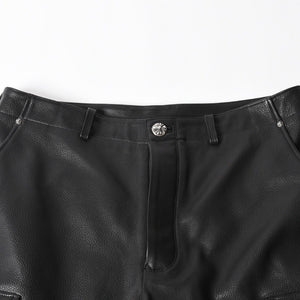 新品未使用 CHROME HEARTS クロムハーツ DEVIL DOG レザーパンツ サイズ36 クロスボールボタン スクロールラベル ブラック シルバー925 中古 4a008360