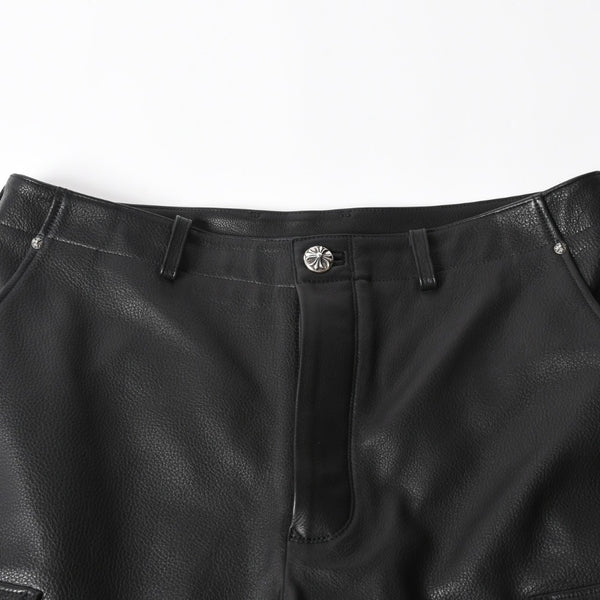 新品未使用 CHROME HEARTS クロムハーツ DEVIL DOG レザーパンツ サイズ36 クロスボールボタン スクロールラベル ブラック シルバー925 中古 4a008360