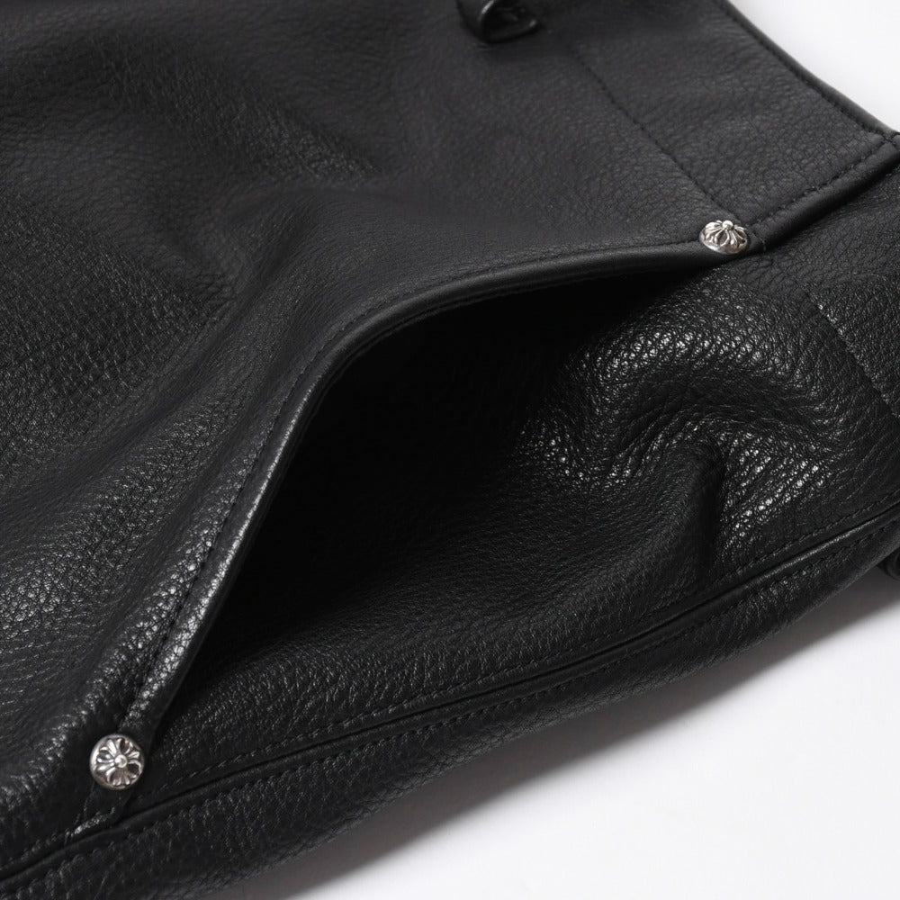 新品未使用 CHROME HEARTS クロムハーツ DEVIL DOG レザーパンツ サイズ36 クロスボールボタン スクロールラベル ブラック シルバー925 中古 4a008360