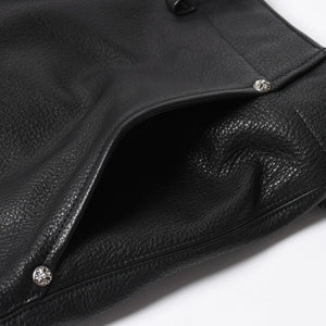 新品未使用 CHROME HEARTS クロムハーツ DEVIL DOG レザーパンツ サイズ36 クロスボールボタン スクロールラベル ブラック シルバー925 中古 4a008360