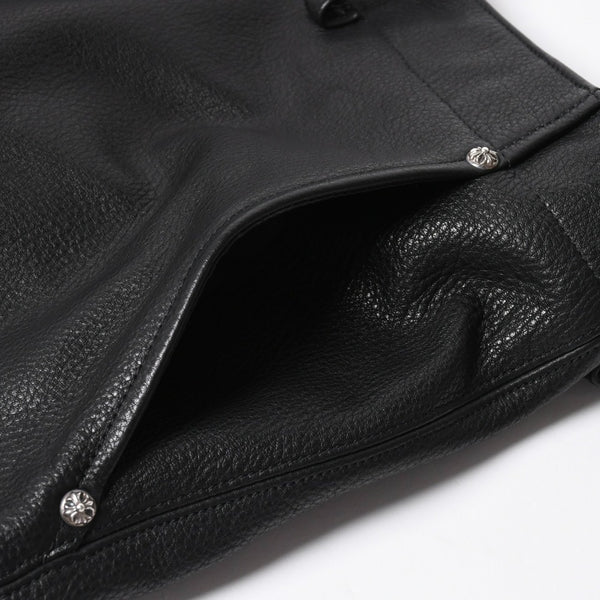 新品未使用 CHROME HEARTS クロムハーツ DEVIL DOG レザーパンツ サイズ36 クロスボールボタン スクロールラベル ブラック シルバー925 中古 4a008360