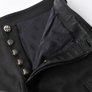 新品未使用 CHROME HEARTS クロムハーツ DEVIL DOG レザーパンツ サイズ36 クロスボールボタン スクロールラベル ブラック シルバー925 中古 4a008360