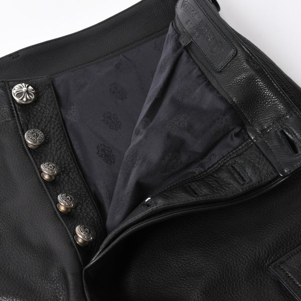 新品未使用 CHROME HEARTS クロムハーツ DEVIL DOG レザーパンツ サイズ36 クロスボールボタン スクロールラベル ブラック シルバー925 中古 4a008360