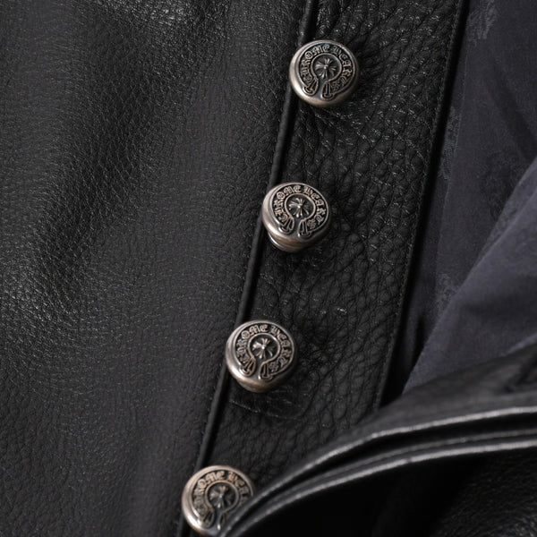 新品未使用 CHROME HEARTS クロムハーツ DEVIL DOG レザーパンツ サイズ36 クロスボールボタン スクロールラベル ブラック シルバー925 中古 4a008360