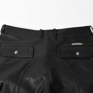 新品未使用 CHROME HEARTS クロムハーツ DEVIL DOG レザーパンツ サイズ36 クロスボールボタン スクロールラベル ブラック シルバー925 中古 4a008360