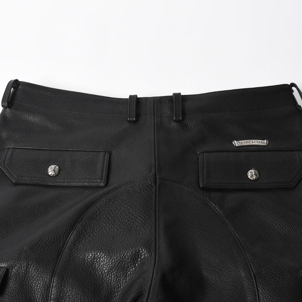 新品未使用 CHROME HEARTS クロムハーツ DEVIL DOG レザーパンツ サイズ36 クロスボールボタン スクロールラベル ブラック シルバー925 中古 4a008360