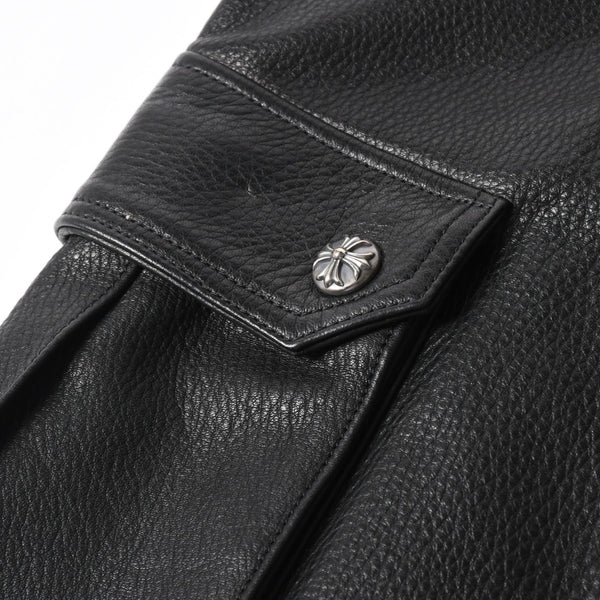 新品未使用 CHROME HEARTS クロムハーツ DEVIL DOG レザーパンツ サイズ36 クロスボールボタン スクロールラベル ブラック シルバー925 中古 4a008360