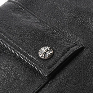 新品未使用 CHROME HEARTS クロムハーツ DEVIL DOG レザーパンツ サイズ36 クロスボールボタン スクロールラベル ブラック シルバー925 中古 4a008360