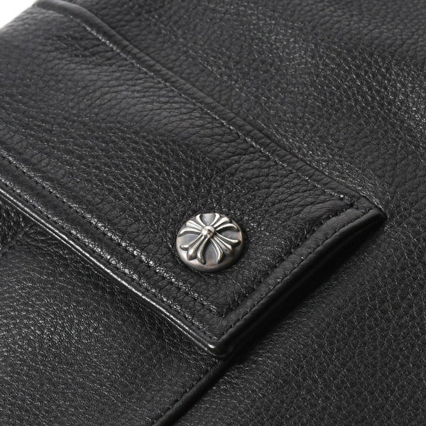 新品未使用 CHROME HEARTS クロムハーツ DEVIL DOG レザーパンツ サイズ36 クロスボールボタン スクロールラベル ブラック シルバー925 中古 4a008360