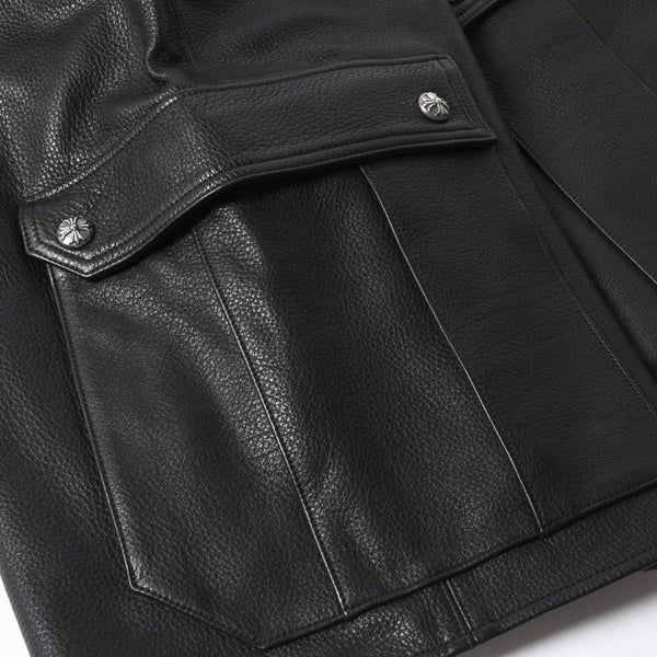 新品未使用 CHROME HEARTS クロムハーツ DEVIL DOG レザーパンツ サイズ36 クロスボールボタン スクロールラベル ブラック シルバー925 中古 4a008360