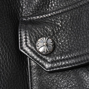 新品未使用 CHROME HEARTS クロムハーツ DEVIL DOG レザーパンツ サイズ36 クロスボールボタン スクロールラベル ブラック シルバー925 中古 4a008360