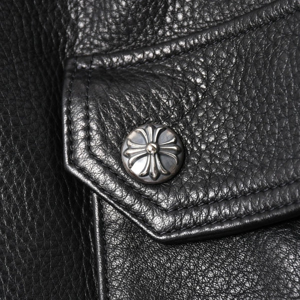 新品未使用 CHROME HEARTS クロムハーツ DEVIL DOG レザーパンツ サイズ36 クロスボールボタン スクロールラベル ブラック シルバー925 中古 4a008360