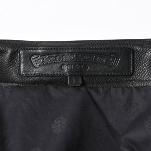 新品未使用 CHROME HEARTS クロムハーツ DEVIL DOG レザーパンツ サイズ36 クロスボールボタン スクロールラベル ブラック シルバー925 中古 4a008360