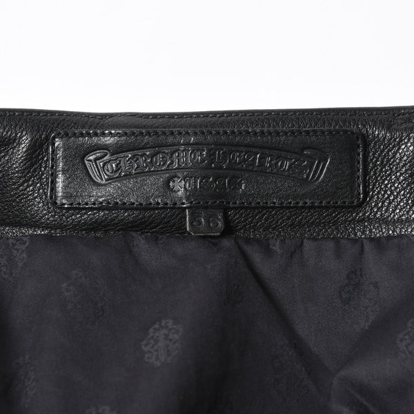 新品未使用 CHROME HEARTS クロムハーツ DEVIL DOG レザーパンツ サイズ36 クロスボールボタン スクロールラベル ブラック シルバー925 中古 4a008360
