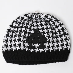 極美品 CHROME HEARTS クロムハーツ スターパッチ ビーニー ニットキャップ 千鳥格子模様 サイズ53-60cm 3パッチ スターボタン 中古 4a008367