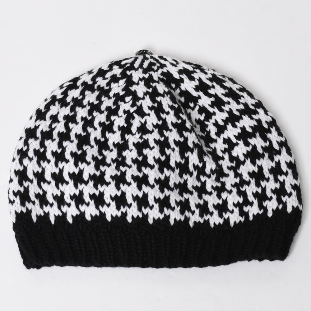 極美品 CHROME HEARTS クロムハーツ スターパッチ ビーニー ニットキャップ 千鳥格子模様 サイズ53-60cm 3パッチ スターボタン 中古 4a008367