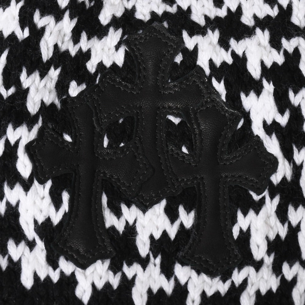 極美品 CHROME HEARTS クロムハーツ スターパッチ ビーニー ニットキャップ 千鳥格子模様 サイズ53-60cm 3パッチ スターボタン 中古 4a008367