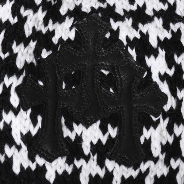 極美品 CHROME HEARTS クロムハーツ スターパッチ ビーニー ニットキャップ 千鳥格子模様 サイズ53-60cm 3パッチ スターボタン 中古 4a008367