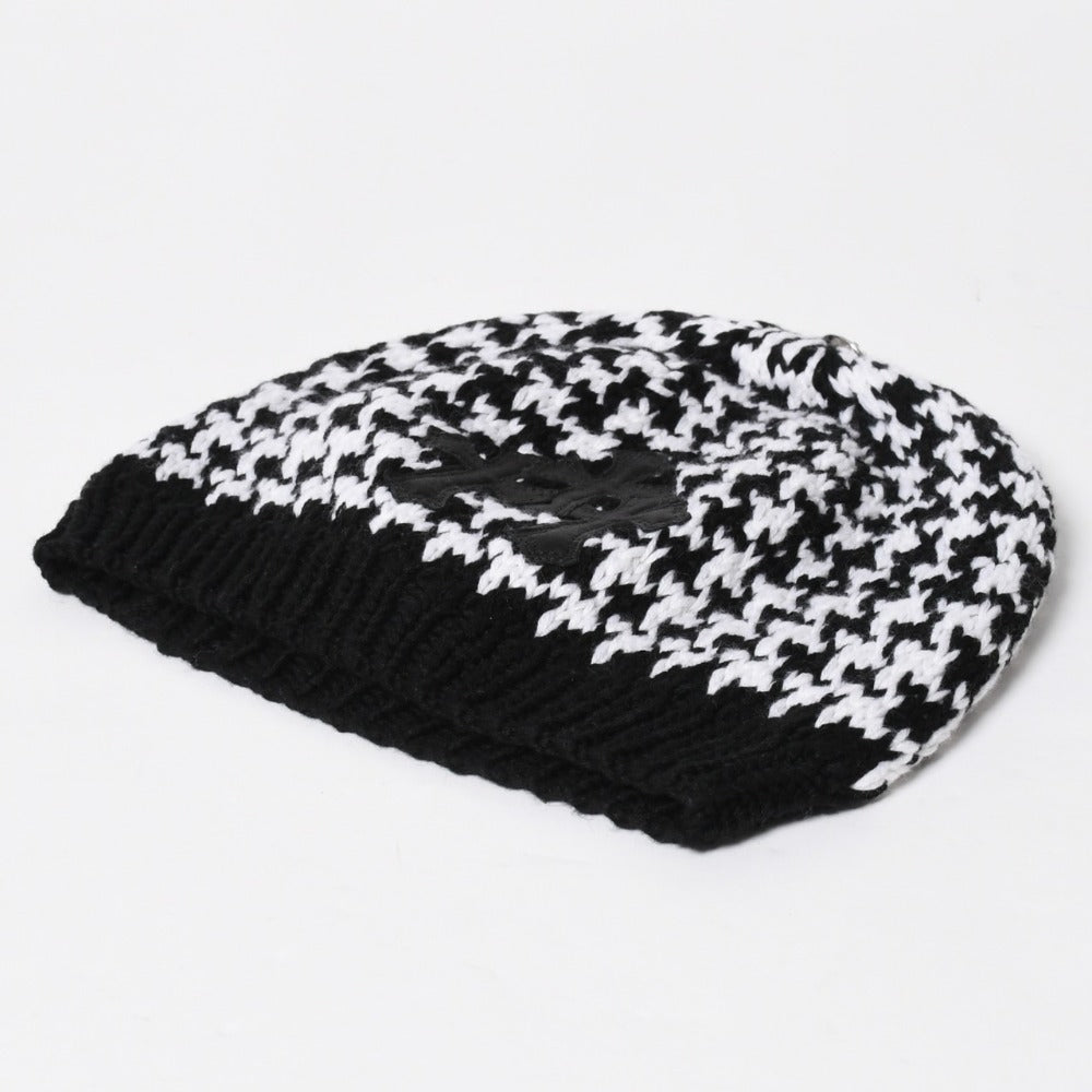 極美品 CHROME HEARTS クロムハーツ スターパッチ ビーニー ニットキャップ 千鳥格子模様 サイズ53-60cm 3パッチ スターボタン 中古 4a008367