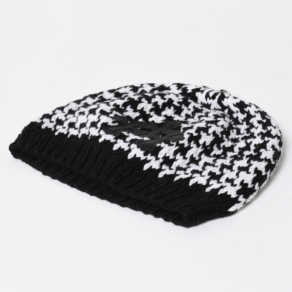 極美品 CHROME HEARTS クロムハーツ スターパッチ ビーニー ニットキャップ 千鳥格子模様 サイズ53-60cm 3パッチ スターボタン 中古 4a008367