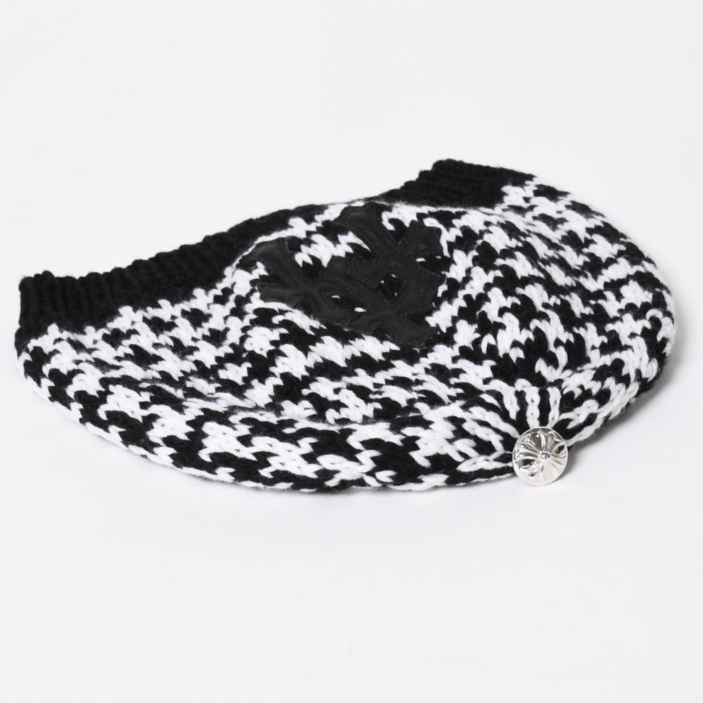 極美品 CHROME HEARTS クロムハーツ スターパッチ ビーニー ニットキャップ 千鳥格子模様 サイズ53-60cm 3パッチ スターボタン 中古 4a008367