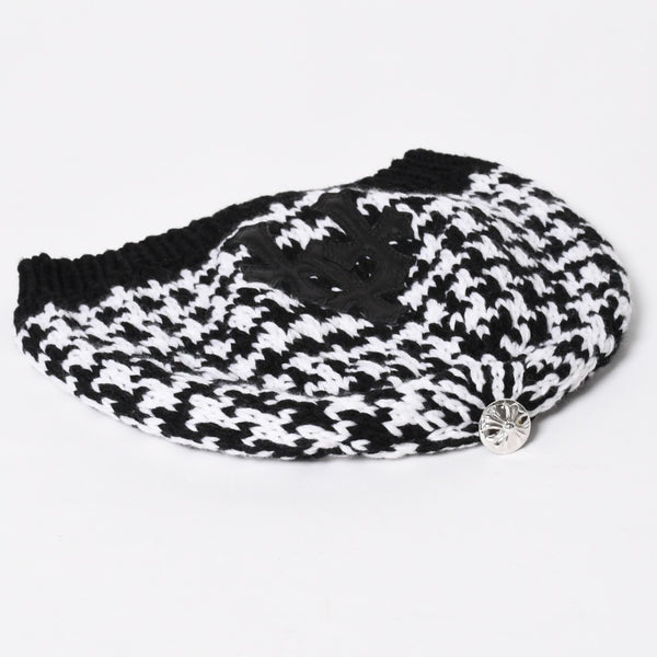 極美品 CHROME HEARTS クロムハーツ スターパッチ ビーニー ニットキャップ 千鳥格子模様 サイズ53-60cm 3パッチ スターボタン 中古 4a008367