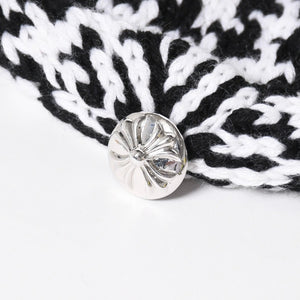 極美品 CHROME HEARTS クロムハーツ スターパッチ ビーニー ニットキャップ 千鳥格子模様 サイズ53-60cm 3パッチ スターボタン 中古 4a008367