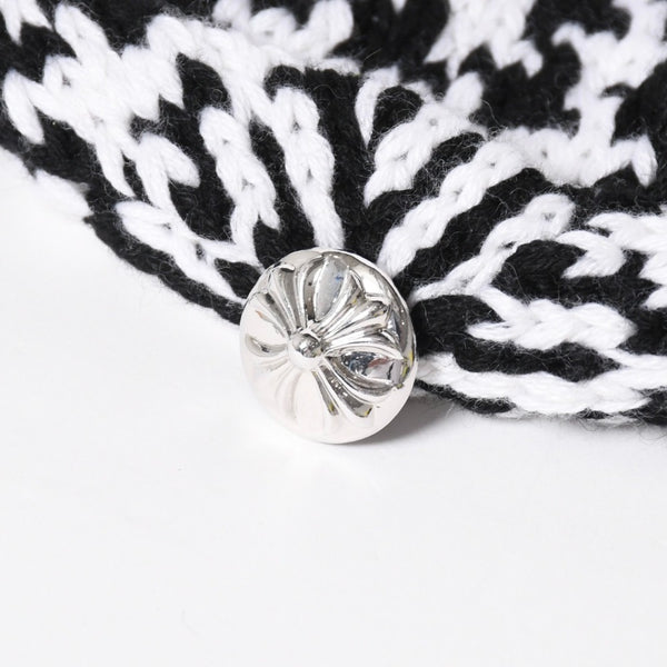 極美品 CHROME HEARTS クロムハーツ スターパッチ ビーニー ニットキャップ 千鳥格子模様 サイズ53-60cm 3パッチ スターボタン 中古 4a008367