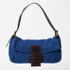 FENDI フェンディ マンマバケットワンショルダーバッグ ウールニット ブルー ブラウン レザー シルバー金具 美品 中古 4a008321