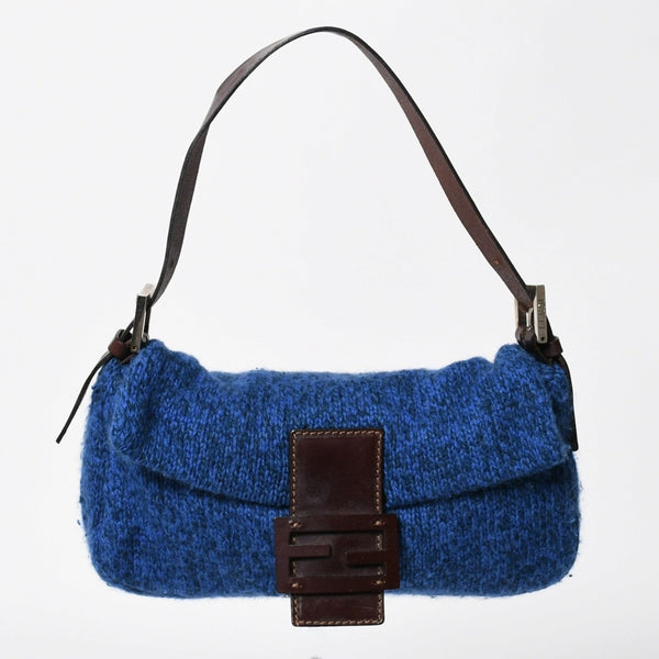 FENDI フェンディ マンマバケットワンショルダーバッグ ウールニット ブルー ブラウン レザー シルバー金具 美品 中古 4a008321