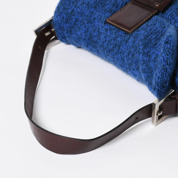 FENDI フェンディ マンマバケットワンショルダーバッグ ウールニット ブルー ブラウン レザー シルバー金具 美品 中古 4a008321