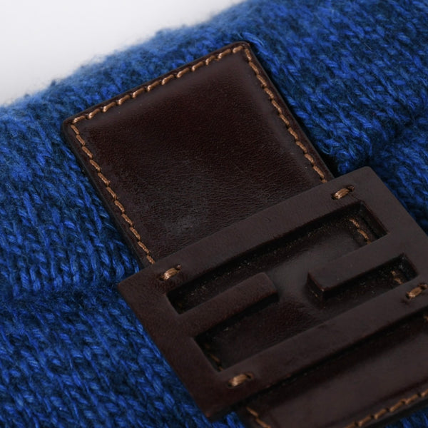 FENDI フェンディ マンマバケットワンショルダーバッグ ウールニット ブルー ブラウン レザー シルバー金具 美品 中古 4a008321