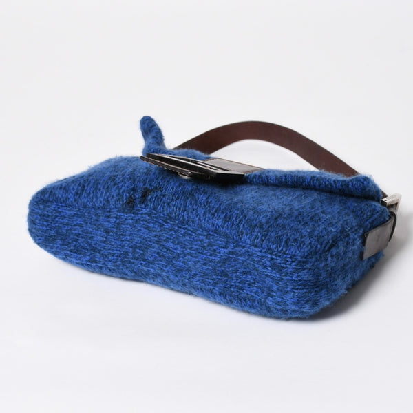 FENDI フェンディ マンマバケットワンショルダーバッグ ウールニット ブルー ブラウン レザー シルバー金具 美品 中古 4a008321