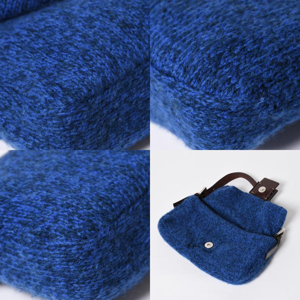 FENDI フェンディ マンマバケットワンショルダーバッグ ウールニット ブルー ブラウン レザー シルバー金具 美品 中古 4a008321