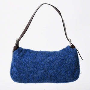 FENDI フェンディ マンマバケットワンショルダーバッグ ウールニット ブルー ブラウン レザー シルバー金具 美品 中古 4a008321