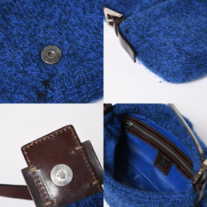 FENDI フェンディ マンマバケットワンショルダーバッグ ウールニット ブルー ブラウン レザー シルバー金具 美品 中古 4a008321