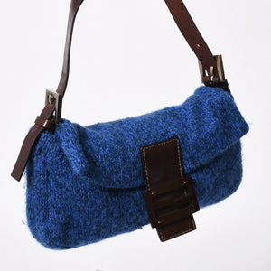 FENDI フェンディ マンマバケットワンショルダーバッグ ウールニット ブルー ブラウン レザー シルバー金具 美品 中古 4a008321
