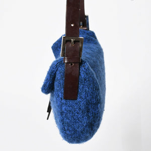 FENDI フェンディ マンマバケットワンショルダーバッグ ウールニット ブルー ブラウン レザー シルバー金具 美品 中古 4a008321